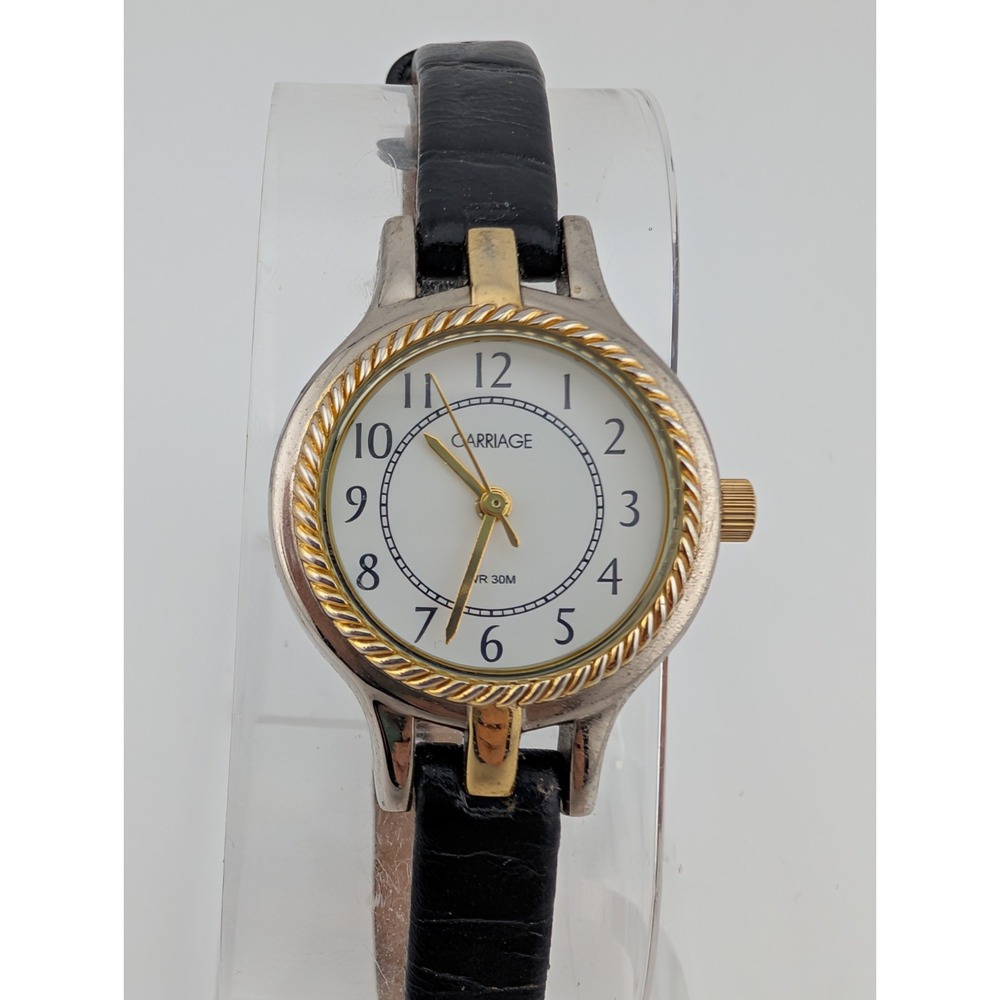 Carriage Watch Women‎ 25mm Two Tone Case Thin Leather Band- New Battery